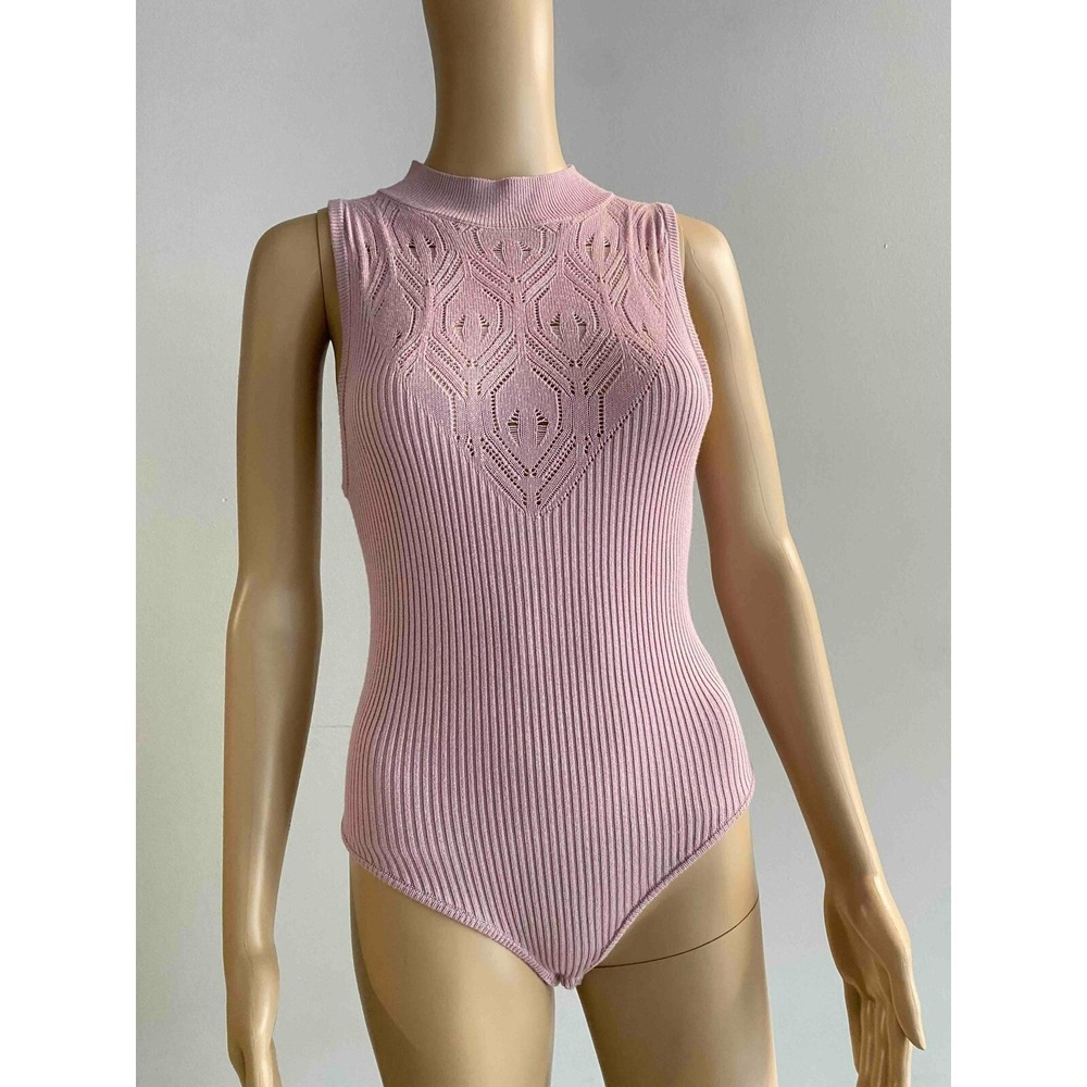 Free People Pink Ribbed On Point Yoke High Mock Neck Bodysuit Sleeveless S - Picture 2 of 9
